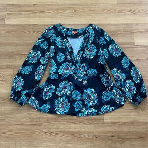 ModCloth Womens Wrap Floral Blouse Small Faux Wrap Peplum Long Sleeve